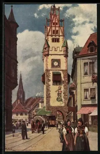 Künstler-AK H. Hoffmann: Freiburg / Br., Das Schwabentor, Ortspartie mit Strassenbahn