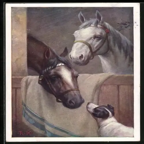Künstler-AK R. Kratky: Pferde in Stall begrüssen Terrier