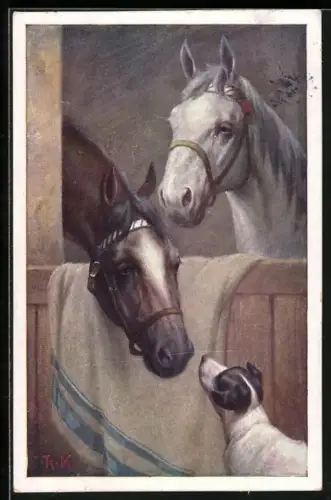 Künstler-AK R. Kratky: Pferde in Stall begrüssen Terrier