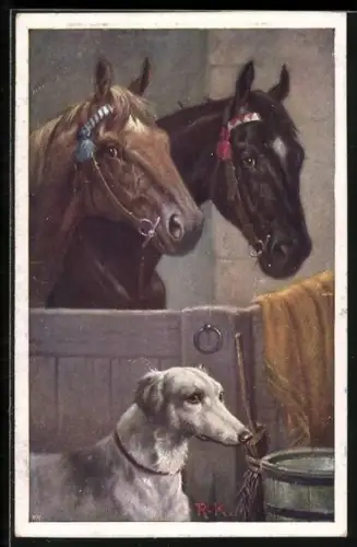 AK Ein braunes und ein schwarzes Pferd in einer Box mit Windhund davor