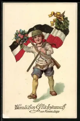 AK Kleiner Soldat mit Gewehr und Fahne, Glückwunsch zum Namenstag