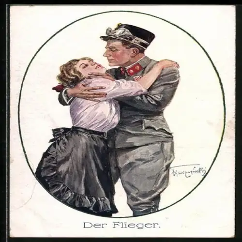 Künstler-AK Der Flieger, österreichischer Flugzeug-Pilot küsst sein Mädchen zum Abschied