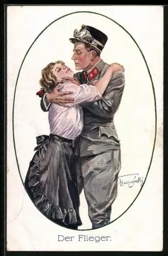 Künstler-AK Der Flieger, österreichischer Flugzeug-Pilot küsst sein Mädchen zum Abschied