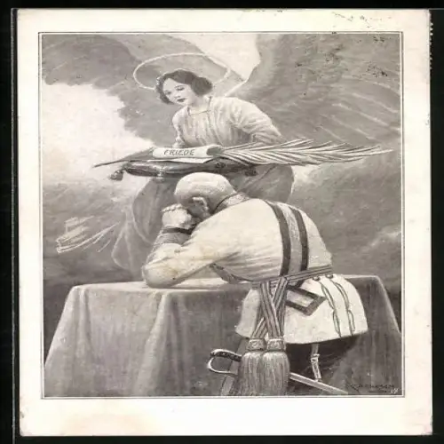 Künstler-AK Kaiser Franz Josef I. beim Beten, ein Friedensengel