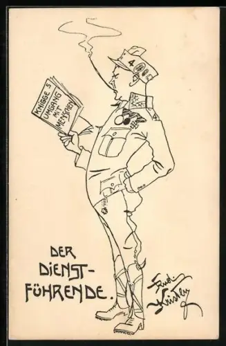 Künstler-AK Rud. Kristen: Der Dienst-Führende, Soldat mit Zeitung