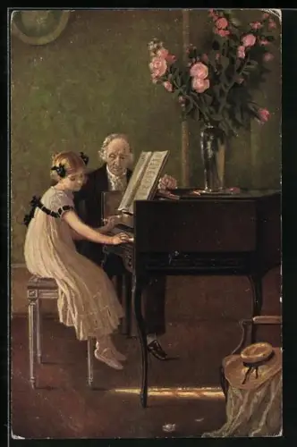 AK Mädchen bei ihrer ersten Klavierstunde