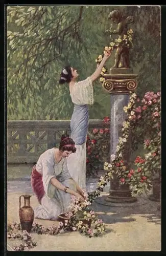 Künstler-AK C.Benesch: Amors Ehrentag, Mädchen schmücken alles mit Blumen
