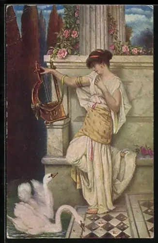 AK Das verklungene Lied, junge Frau mit Harfe schaut zu den Schwänen