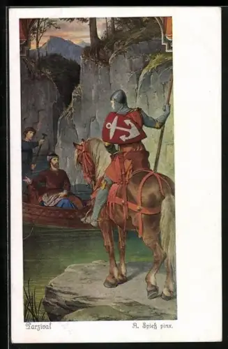 Künstler-AK A. Spiess: Parsival mit Pferd und Boot