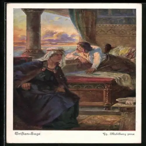 Künstler-AK Georg Mühlberg: Nibelungen, Zu Tode verwundet erwartet Tristan die Ankunft Isoldes