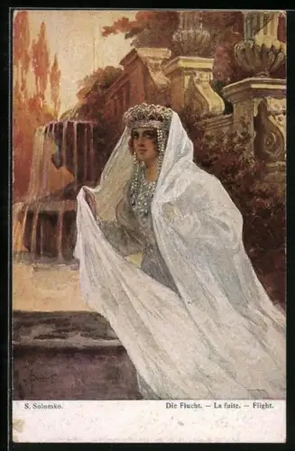 Künstler-AK S. Solomko: Junge Adlige mit Schleier in einem Park, Die Flucht