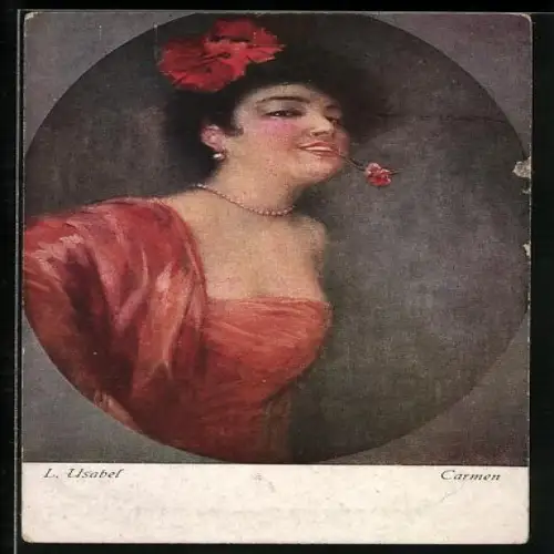 Künstler-AK Ludwig Koch: Carmen, in orangefarbenem Kleid mit Blüte im Haar