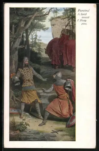 Künstler-AK sign. A. Spiess / F. Piloty: Parsival in seiner Rüstung
