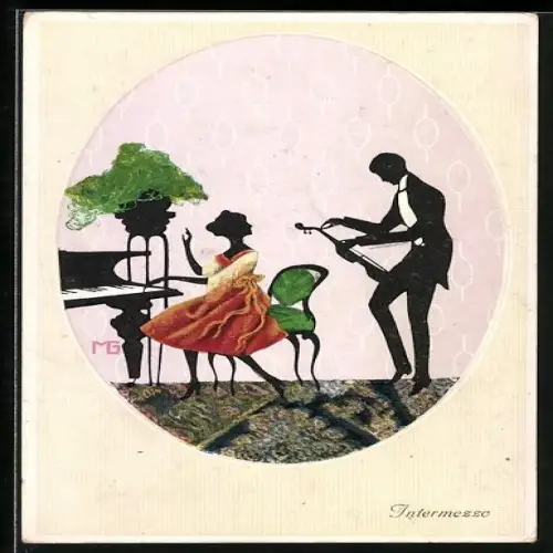 Künstler-AK Marte Graf: Pianistin und Geiger, Silhouetten