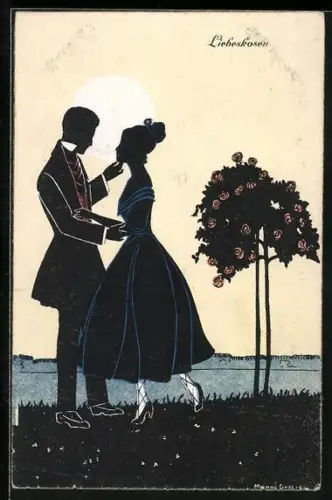 Künstler-AK Manni Grosze: Stelldichein neben Rosenbusch, Schattenbild