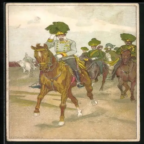 Künstler-AK Ludwig Koch: Kaiser Franz Josef I. von Österreich führt Soldaten an, Pferd