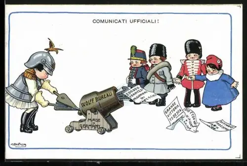 Künstler-AK A. Bertiglia: Grossen Nationen schauen belustigt auf die Nachrichten, die das Deutsche Reich von sich geben