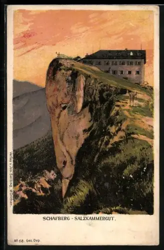 Künstler-AK Seiling Nr. 68: Schafberg, Berg im Salzkammergut im Abendlicht, Berg mit Gesicht / Berggesichter