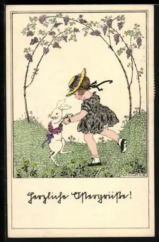 Künstler-AK Mela Köhler: Deutscher Schulverein NR.1145: Mädchen tanzt mit einem Hasen