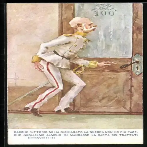 Künstler-AK Kaiser Franz Josef I. von Österreich greift nach einer Türklinke, Propaganda Entente
