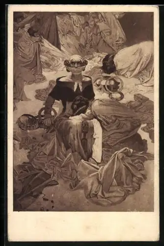 Künstler-AK Alphonse Mucha: Slovanska Epopeje, Milic z Kromerize, Gefesselte Frau blickt ängstlich