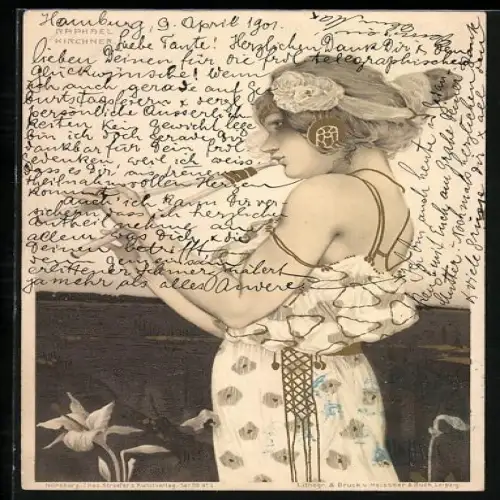 Künstler-AK Raphael Kirchner: Dame spielt Flöte