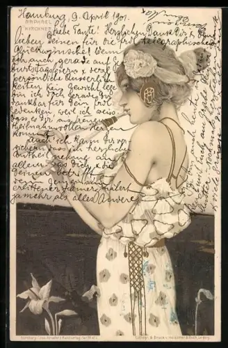 Künstler-AK Raphael Kirchner: Dame spielt Flöte