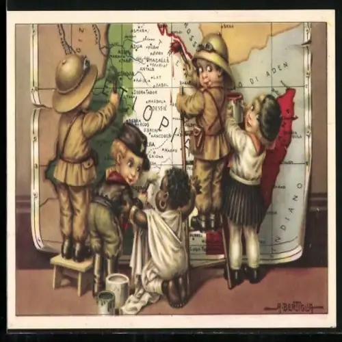 Künstler-AK A. Bertiglia: kleiner ital. Soldat in Äthiopien, Propaganda