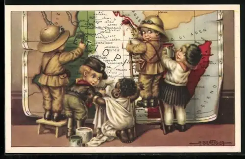 Künstler-AK A. Bertiglia: kleiner ital. Soldat in Äthiopien, Propaganda
