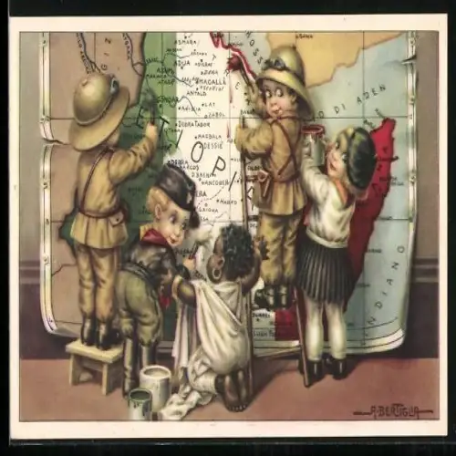 Künstler-AK A. Bertiglia: kleiner ital. Soldat in Äthiopien, Propaganda