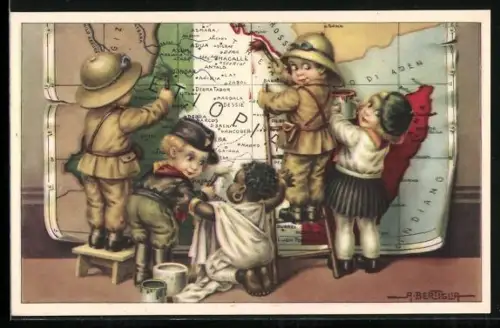 Künstler-AK A. Bertiglia: kleiner ital. Soldat in Äthiopien, Propaganda