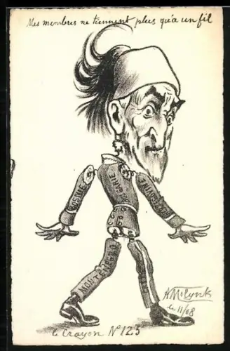 Künstler-AK sign. Molynk: Abdülhamid II. der Türkei als Puppe mit den Gliedern Bosnien, Bulgarien, Montenegro, Kreta