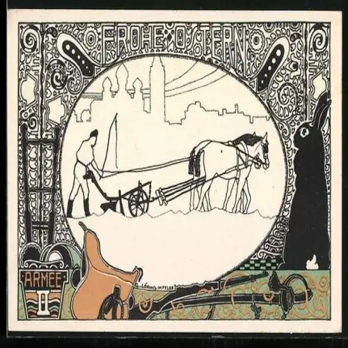 Künstler-AK sign. G. v. Löring: Ungarische Werkstätte, Bauer mit Pflug, Osterhase, II. Armee, Jugendstil