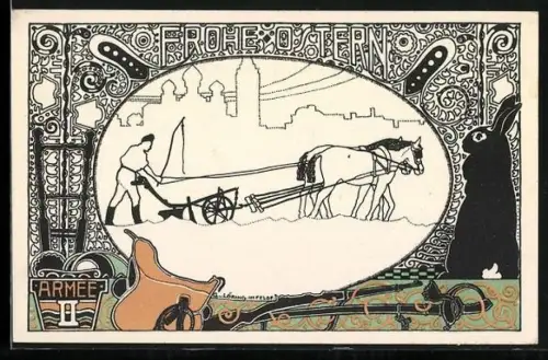 Künstler-AK sign. G. v. Löring: Ungarische Werkstätte, Bauer mit Pflug, Osterhase, II. Armee, Jugendstil
