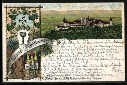 Vorläufer-Lithographie Göttweig /N. Ö., 1895, Blick auf das Benediktinerstift, Weinglas, -flaschen und -fass