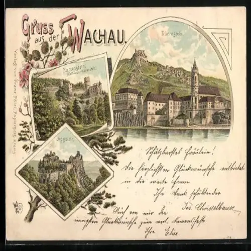 Vorläufer-Lithographie Dürrnstein /Wachau, 1894, Kaltwasserheilanstalt Hartenstein, Blick auf Aggstein