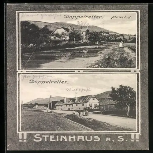 AK Steinhaus a. S., Doppelreiter, Gasthaus Maierhof mit Flusspartie