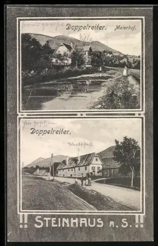 AK Steinhaus a. S., Doppelreiter, Gasthaus Maierhof mit Flusspartie