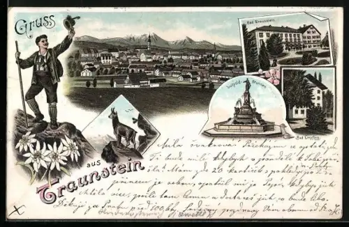 Lithographie Traunstein, Bad Empfing, Bad Traunstein und Luitpold-Brunnen