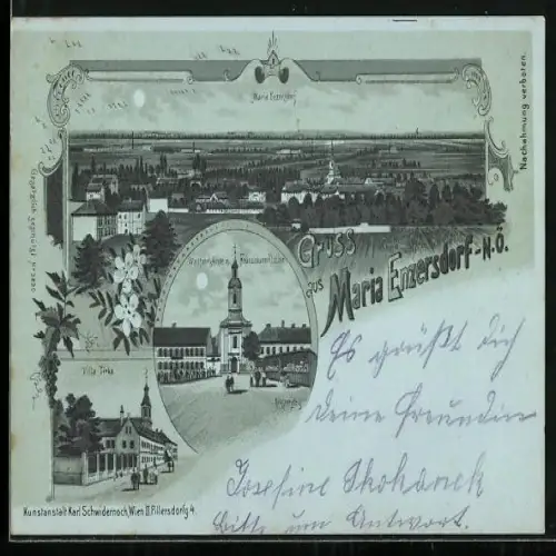 Mondschein-Lithographie Maria Enzersdorf /N.-Ö., Villa Tirka, Wallfahrtskirche m. Fransiskaner Kloster