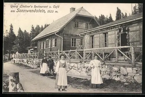 AK Schottwien, Georg Lindner`s Restaurant u. Cafe am Sonnwendstein, Leute mit Hund