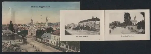 Leporello-AK Magyaróvár, Evangelikus templom, All. polg. leanyiskola, Mosonmegyei Arvahaz