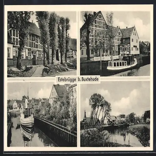 AK Estebrügge b. Buxtehude, Fachwerkhäuser, Hafen, Kanalansicht
