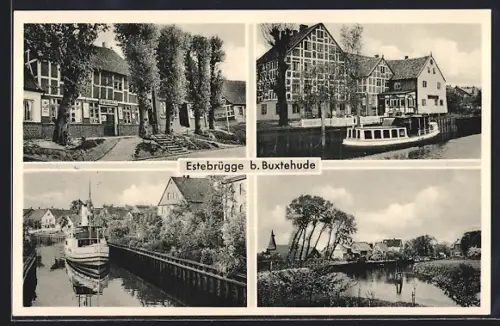 AK Estebrügge b. Buxtehude, Fachwerkhäuser, Hafen, Kanalansicht