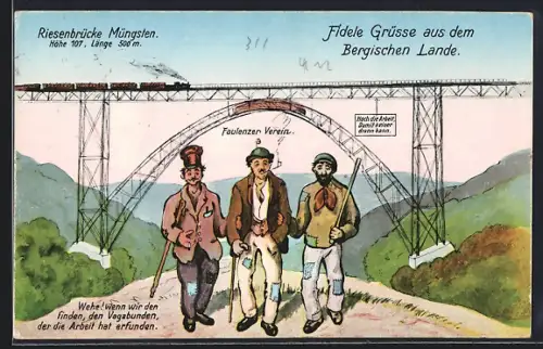 Künstler-AK Müngsten, Riesenbrücke, Faulenzer Verein