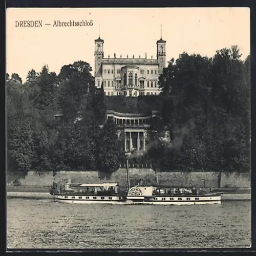AK Dresden-Loschwitz, Albrechtschloss, Raddampfer MS König Georg auf der Elbe