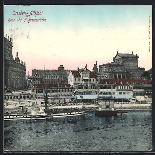 AK Dresden-Altstadt, Blick von der Augustusbrücke, Dampfer MS John Penn