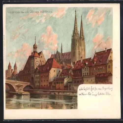 Lithographie Regensburg, Blick vom oberer Wöhrt aus