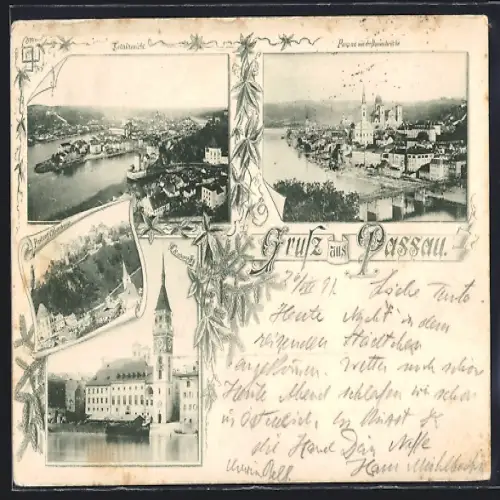 AK Passau, Festung Oberhaus, Rathaus, Blick von der Donaubrücke