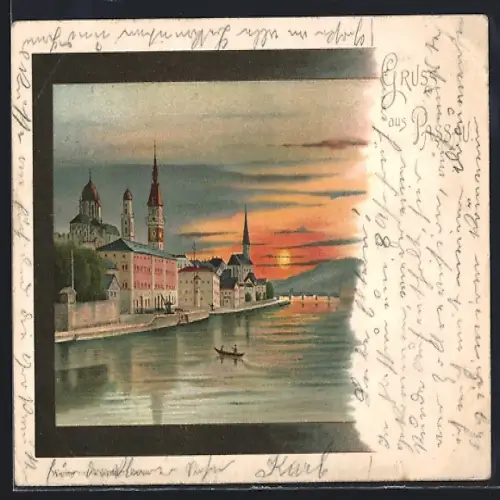 Lithographie Passau, Altstadt bei Sonnenuntergang